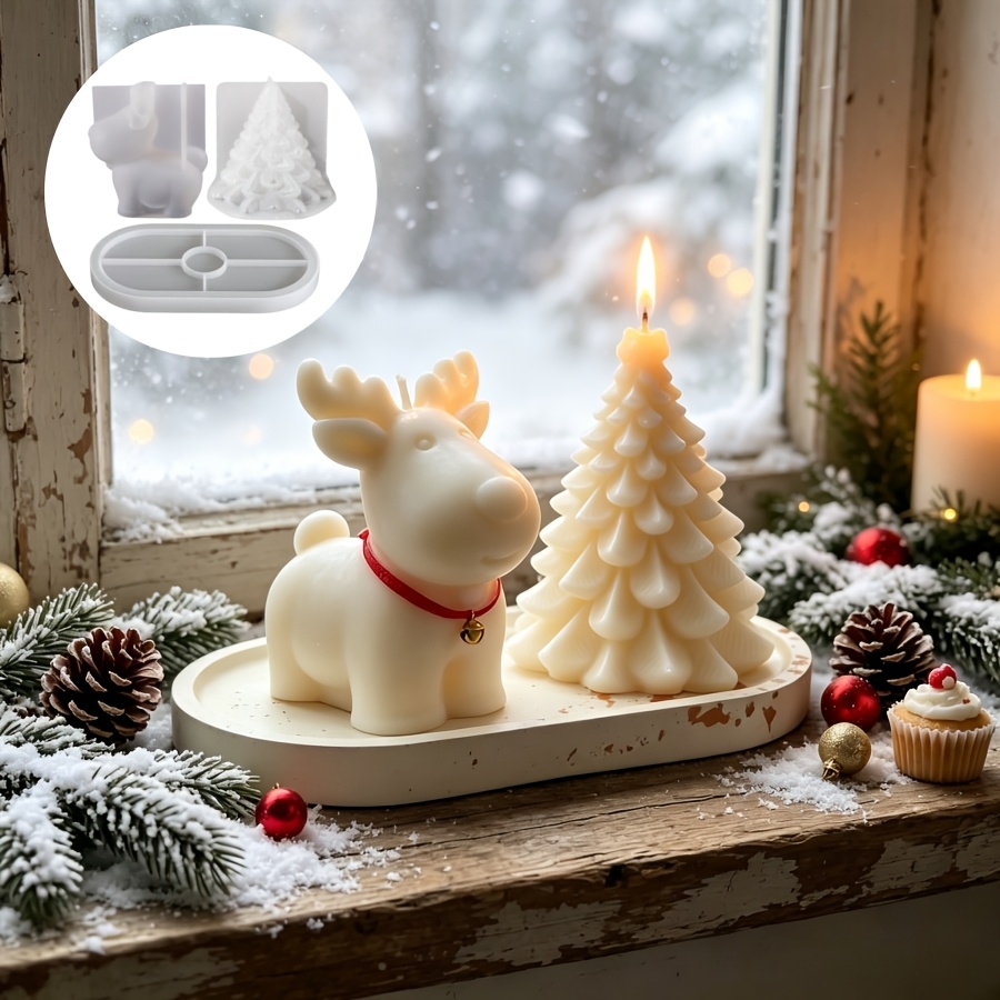 Candle Making Kit - 粘土シリコンモールド3点セット：クリスマス鹿、クリスマスツリーキャンドル、オーバルトレイ、エポキシプラスターキャンドルの製作に適しています。